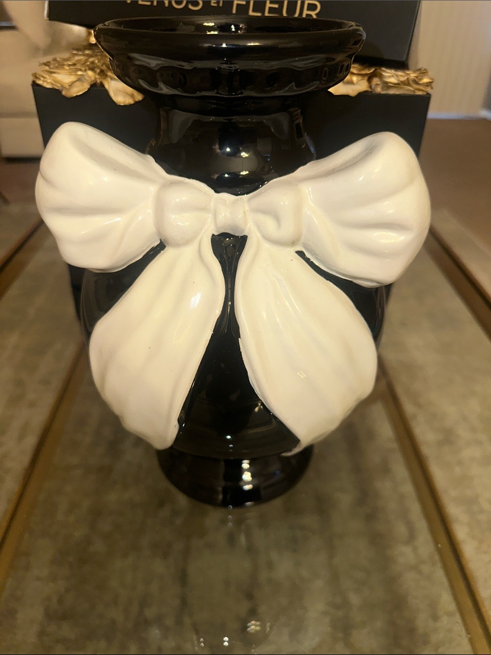 Black Ceramic Vase with White Bow Accent